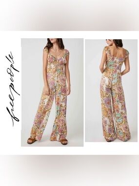 Free People Rolling Hills Jumpsuit In Tea Combo Floral Smocked W Wide Legs